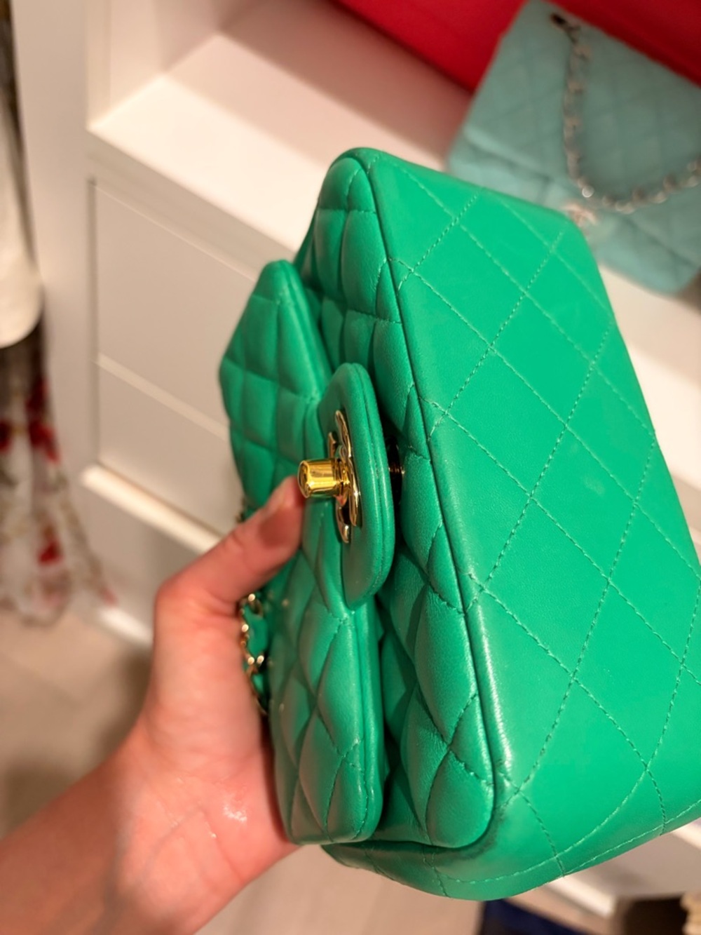 CHANEL 💯 Authentic Emerald Green Quilted Mini Flap Bag with Silver Hardware rare - Picture 11 of 16